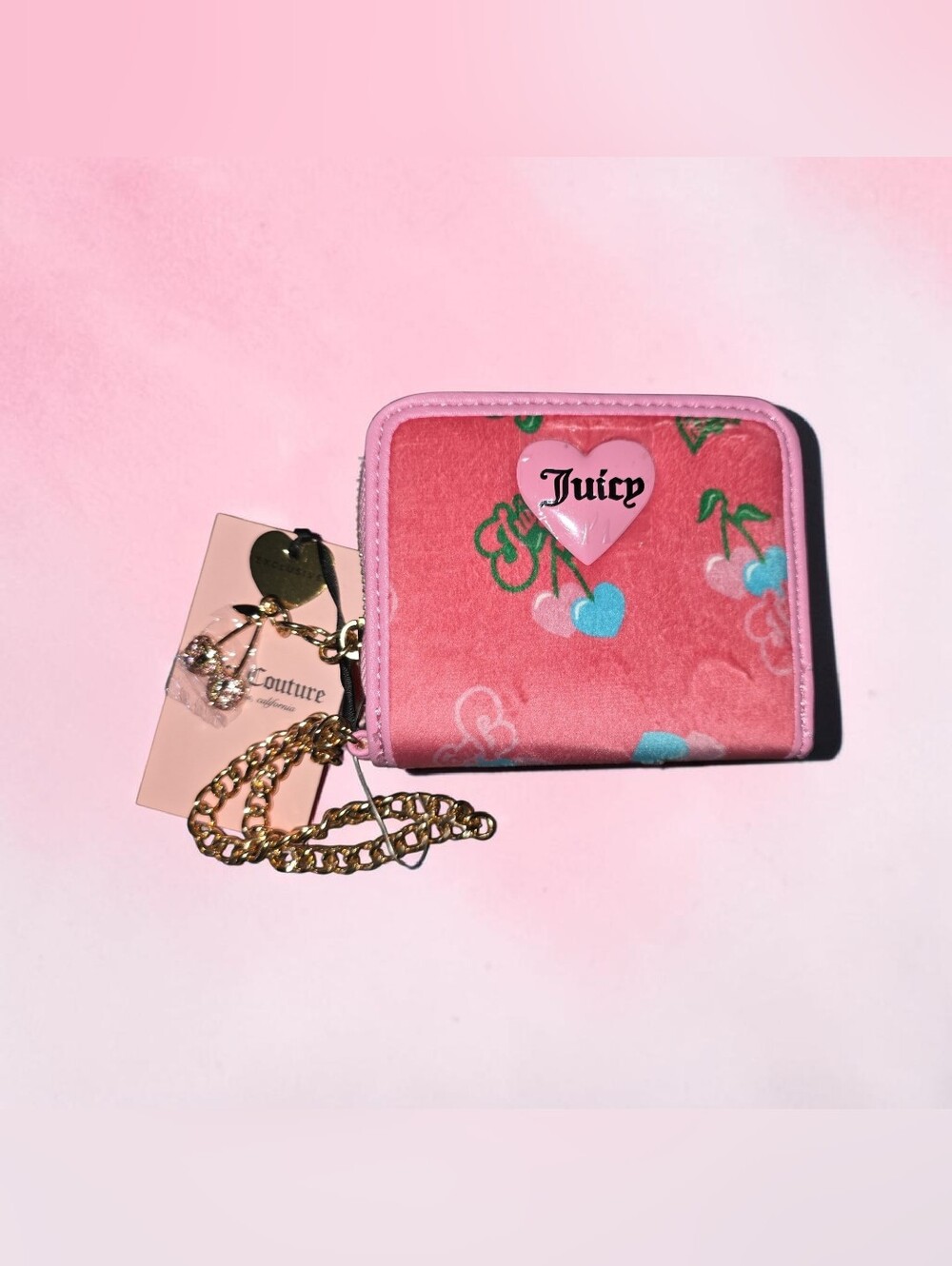 NWT Juicy Couture Pink Cherry Heart Zip Wallet with Gold Chain